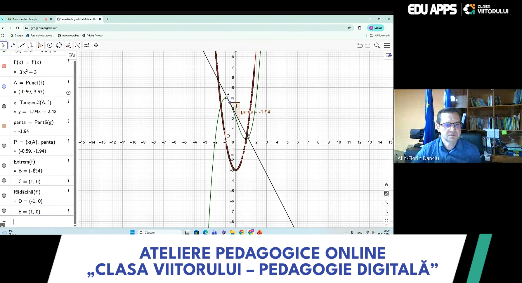 Matematica pe înțelesul tuturor! Graficul derivatei în GeoGebra: puncte de minim și maxim vizuale